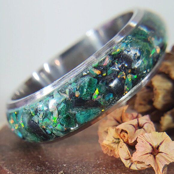 "Rain Forest" Ring with Green Opal & Black Tourmaline - Picture 2 of 8